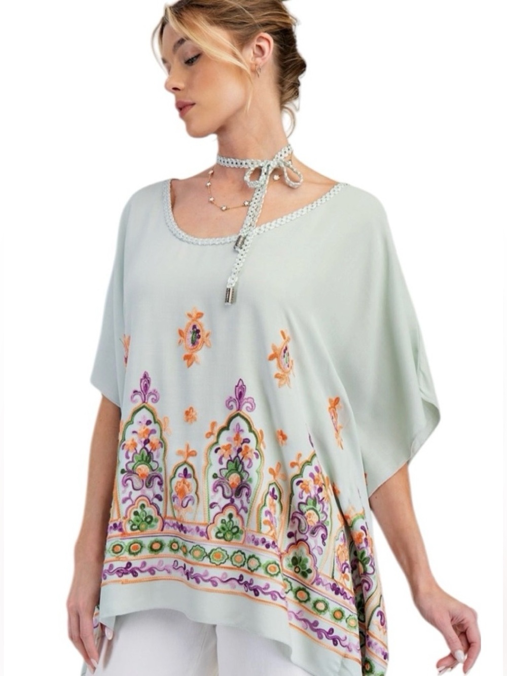 EASEL Light Sage Embroidered Boho Top - SM - NWT